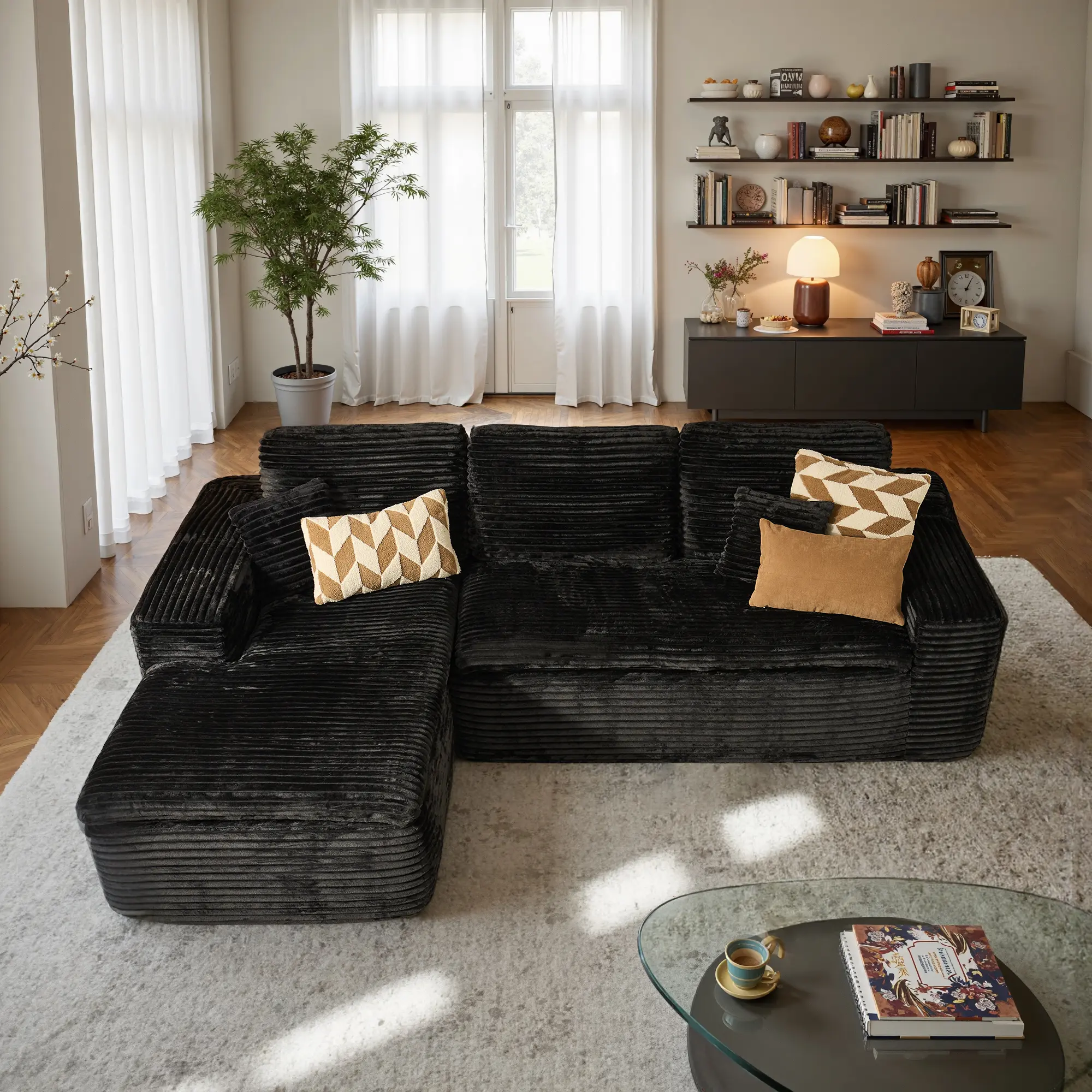 CAODOC Oversize 106" Modern Cloud Sectional Sofa with L-Shape Chaise, Deep Seat, Plush Corduroy, Modular Design, No Assembly Required for Living Room