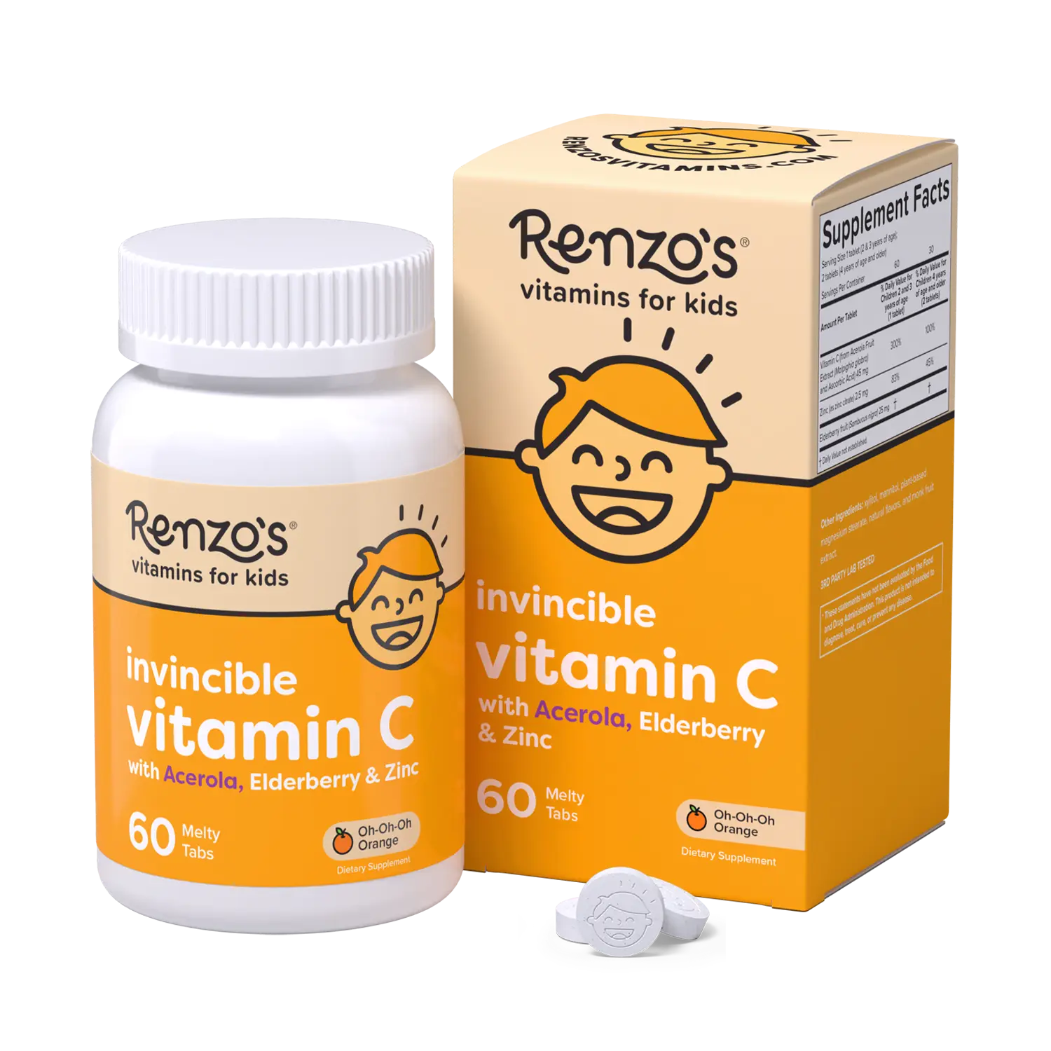 Renzo's Vitamins Invincible Natural Immune Support Vitamin C Supplement for Kids with Acerola Cherry, Zinc, Elderberry, GMO-Free