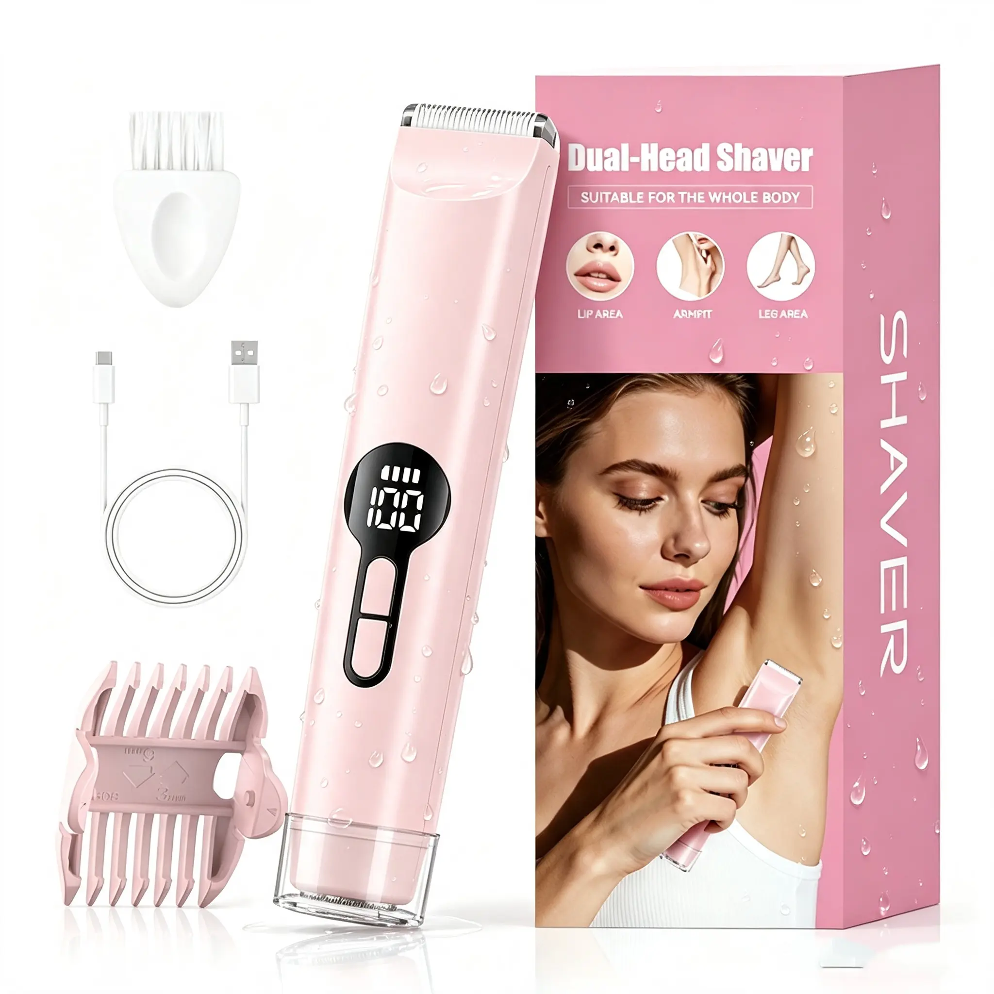 2 in 1 Dual-Head Electric Hair Trimmer for Women, Rechargeable Waterproof Body Shaver, Portable Bikini Pubic Armpit Leg Facial Hair Removal Device