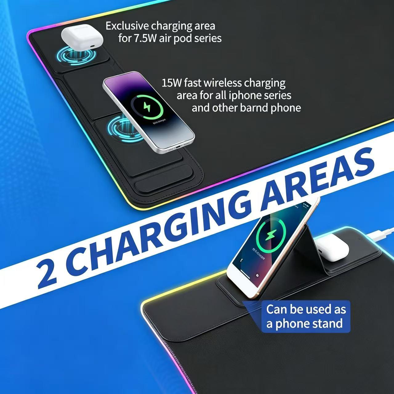 Large LED Desk Mat, RGB Gaming Mouse Pad with Wireless Charging & Phone Stand, Multiple RGB Lighting Modes, Fast Charging for iPhone & AirPods, Non-Slip Base, Smooth Waterproof Surface, Desk Decor for Gamers, Home & Office Essentials