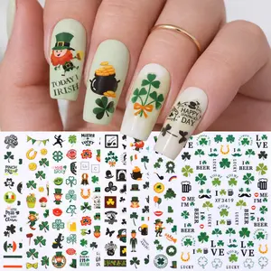 8 Pcs Saint Patrick's Day Nail Art Stickers Set,  Shamrock Three-Leaf Clover Leprechauns Fairy Green Beer Lucky Nail Decals, Holiday Manicure Decorations