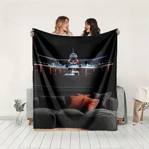 1 piece Night-time departing passenger flights at the airport. themed flannel blanket - Super soft flannel blanket, suitable for beds and sofas, all-season use, modern design, digitally printed pattern, 100% polyester material, machine washable