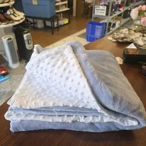 White Ivory and Baby Blue Minky Dot Satin Throw Blanket