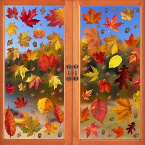 216pcs Maple Window Clings 6 Sheets Fall Leaves Assorted Maple Oak Leaves Acorns Window Stickers for Autumn Thanksgiving Halloween Seasonal Holiday Glass Window Decorations, 216pcs