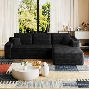 95" Cloud Sectional Sofa Couch, L Shape Modular Couch with Chaise, Boneless Couch for Living Room, Modular Sectional Sofa with Deep Seat, Fluffy Comfy Corduroy Couch with L-Shaped Chaise, No Assembly Required (Black)
