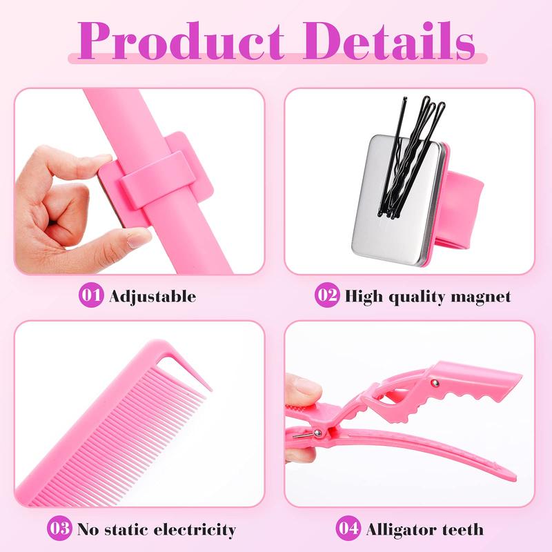 7-Piece Pink Hair Braiding Tools Set: Magnetic Pin Wristband, 2 Stainless Steel Pintail Combs & 4 Wide Teeth Alligator Clips for Braid Making