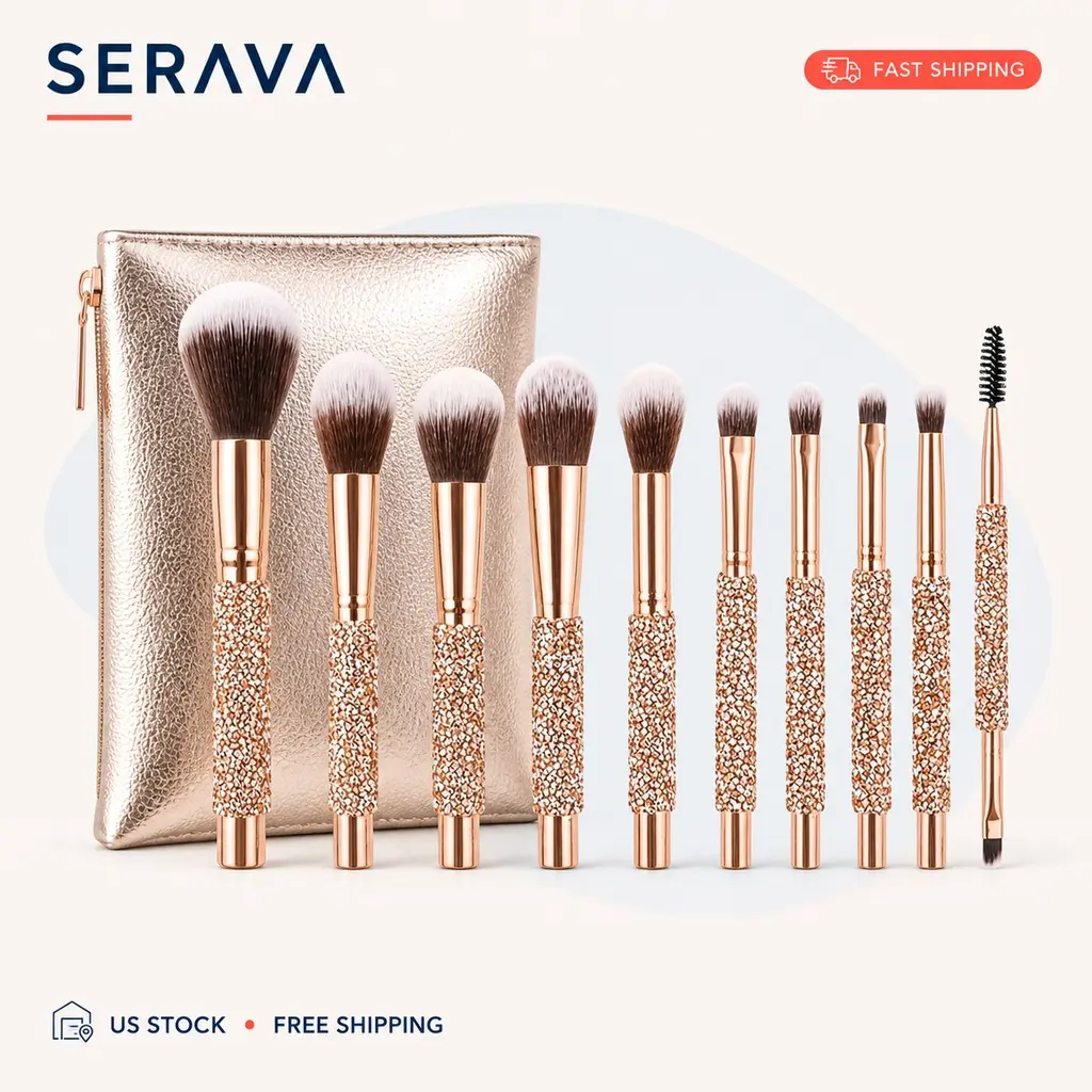 10-Piece Professional Makeup Brush Kit Set, Rhinestone Handle Synthetic Fiber Brushes for Foundation, Eyeshadow, Powder Application