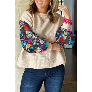 White Contrast Floral Sleeve Textured Drop Shoulder Knit Top