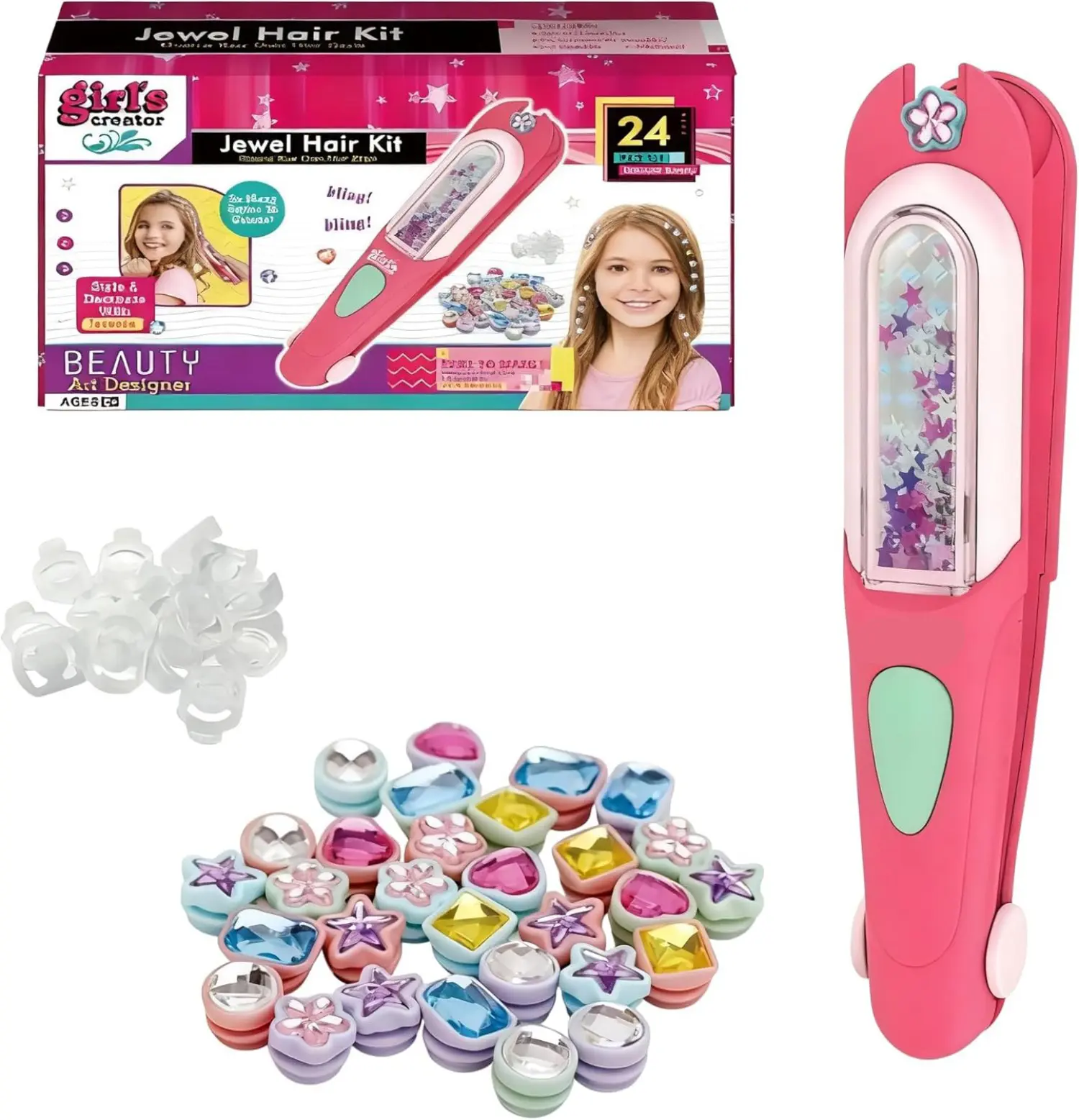Bling Hair Gem Stamper Kit with 24 Reusable Rhinestones, Heatless Hair Decoration Tool, Christmas & Party Styling Gift for Female Youth, Children, Birthday, Clip-On, Salon, Haircare, Star, Sparkle Shine, Reusability, Straight, 24 Rhinestones, Gemstone, Fu