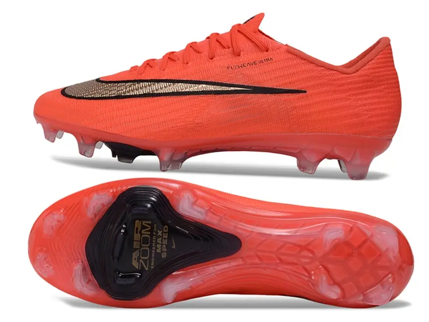 Bright Orange Woven Mesh Low Top Speed Soccer Cleats, Metallic Gold Side Logo Transparent Studded Rubber Outsole Visible Air Cushion Lightweight Outdoor Competition Football Shoes For Men Women