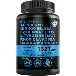 Nootropic Brain Supplement with Ginkgo Biloba Alpha GPC and L Theanine for Memory Focus and Brain Support Non Caffeinated 60 Capsules