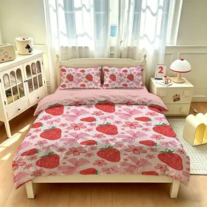 3pcs Single Bed Strawberry and Bow Pattern Bedding Set, Includes 1 Duvet Cover and 2 Pillowcases, No filling,Ideal Gift for Home, Hotel, School Dormitory