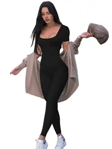 Women's Casual U-Neck Bodysuit - Comfortable One-Piece for Summer Workout & Everyday Wear Soft Fit Minimalist Short Sleeve Jumpsuit with Tapered Shoulder Straps & High-Stretch Fabric