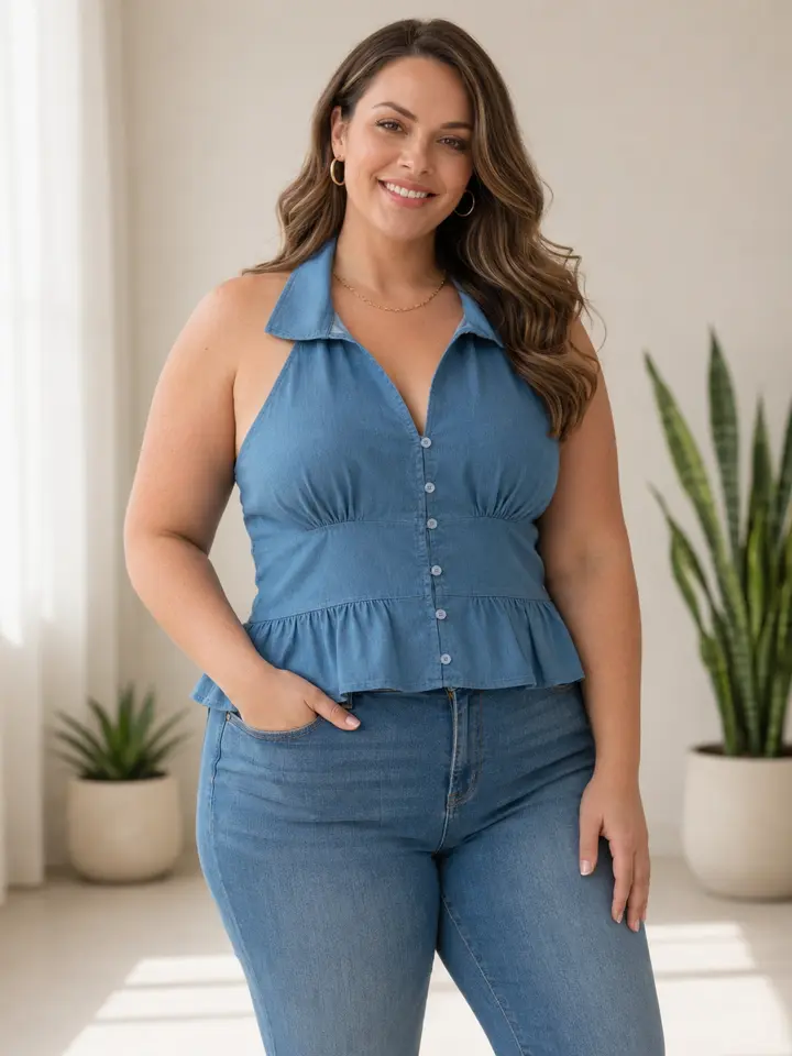 Plus Size Halter Peplum Denim Top