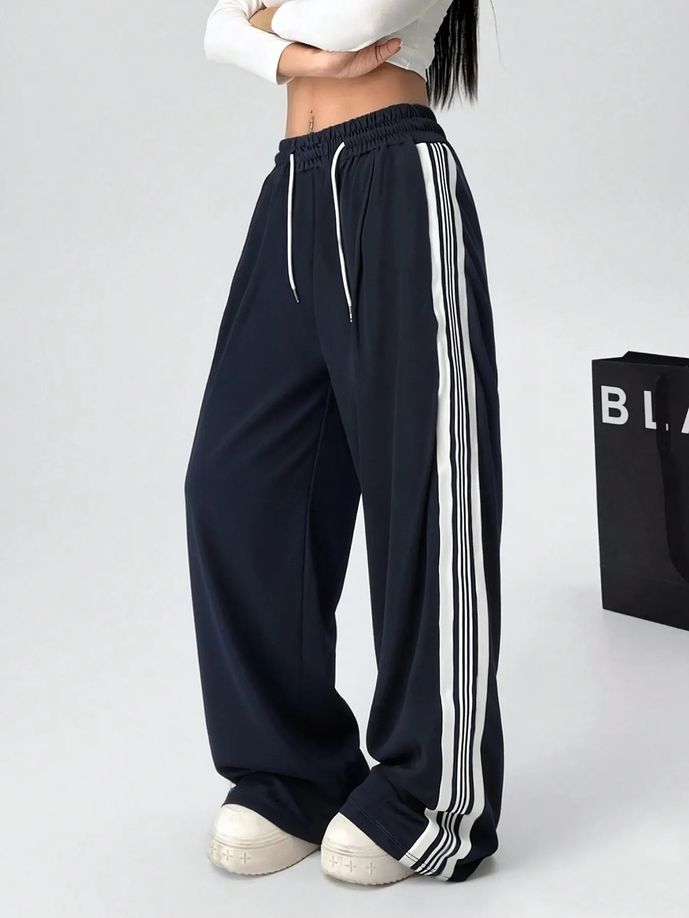 Women's Side Stripe Wide Leg Track Pants, High Waist Drawstring Adjustable Casual Trousers, Y2K Streetwear, Activewear, Athletic