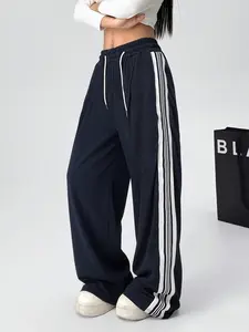 Women's Side Stripe Wide Leg Track Pants, High Waist Drawstring Adjustable Casual Trousers, Y2K Streetwear, Activewear