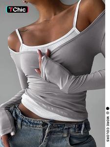 women's plain 2 in 1 cold shoulder tee, casual long sleeve t-shirt for spring & fall, women's top for daily wear