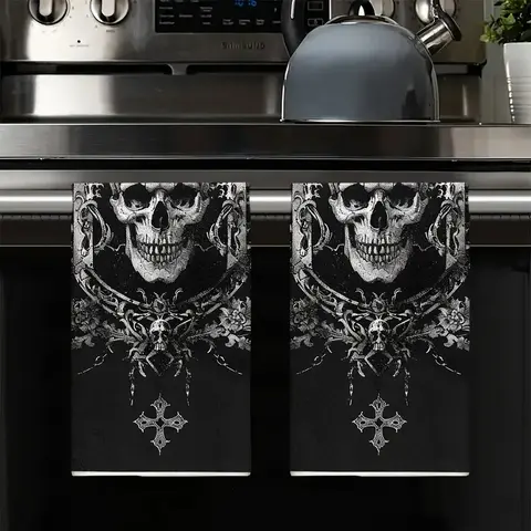 Halloween Skeleton Skull Hand Towels Set of 2, Absorbent Material Kitchen Dishcloths, Decorative Design Cleaning Supplies for Cooking Baking Housewarming Gifts