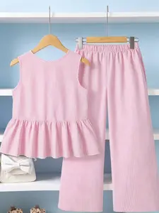 Toddler Girl's Striped Print Tank Top & Wide Leg Pants Two-Piece Set, Casual Sleeveless Top & Trousers for Daily Wear, Kids Clothing for Summer