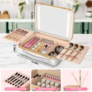 EasyinBeauty Portable Makeup Organizer Case with LED Mirror Adjustable Brightness 4 Compartments & 2 Brush Sections Waterproof Anti-Bacterial Travel Friendly