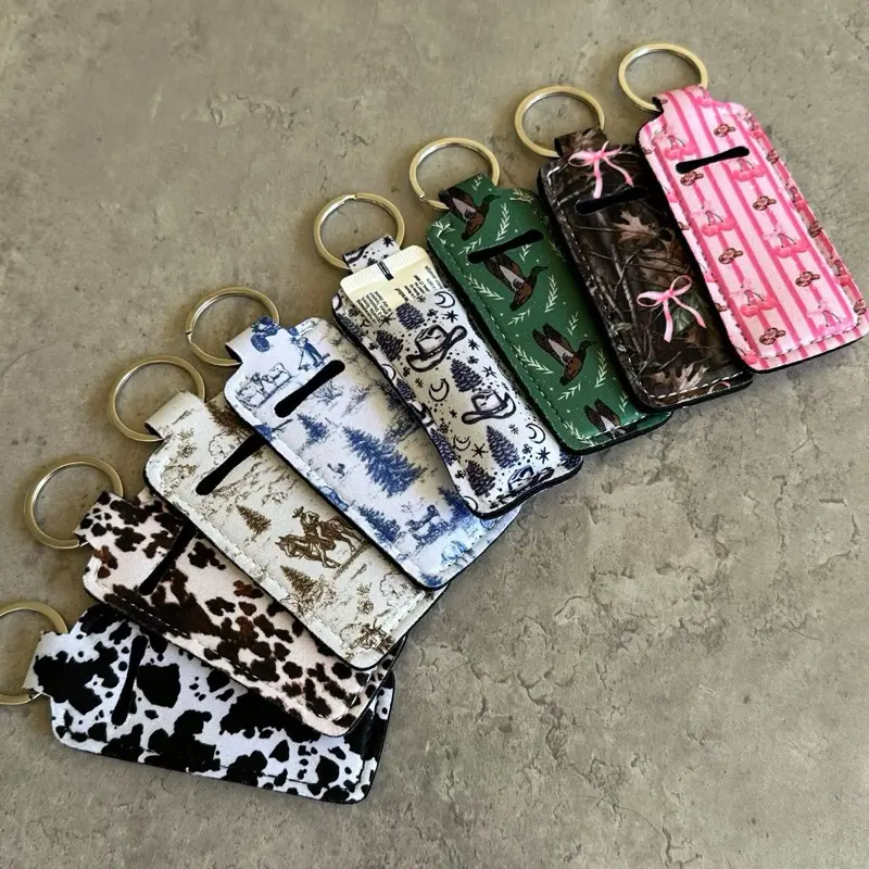 Western Chapstick Holder Keychains Cow Print Camo Cowboy Toile Fits Standard Chapsticks & Lip Balms Perfect for Gifts