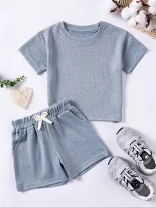 Two-Piece Set Toddler Boy's Solid Short Sleeve Tee & Elastic Waist Shorts, Casual Round Neck T-shirt & Shorts for Summer, Kids Clothes for Daily Wear, Baby Clothing, Toddler Outfit