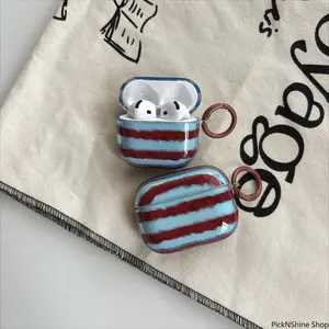 Retro Fashion Red-Brown Fuzzy Stripe Texture Earphone Case, Transparent Blue Glossy Protective Cover Compatible With AirPods Series Models, Anti-Scratch Durable Shell For Daily Carrying And Charging Protection