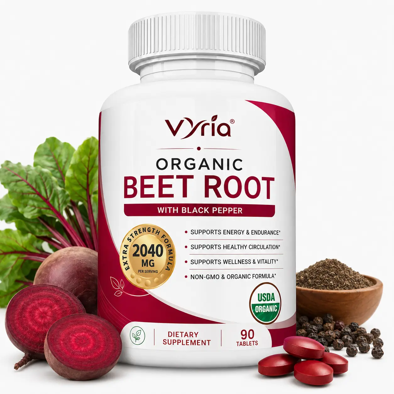Vyria Organic Beet Root Tablets - 2040mg Nitric Oxide Booster, Health & Nutrition Wellness Supplement