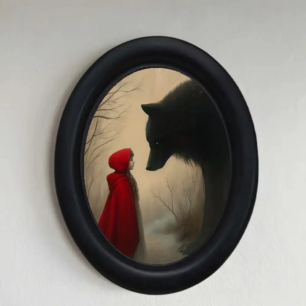 Vintage Art Style Dark Fairy Tale Design, Little Riding Hood and Wolf Pattern Wood Wall Art, Decorative Artwork, Perfect for Halloween Christmas Thanksgiving, Dorm Room Decor, Home Decor Products