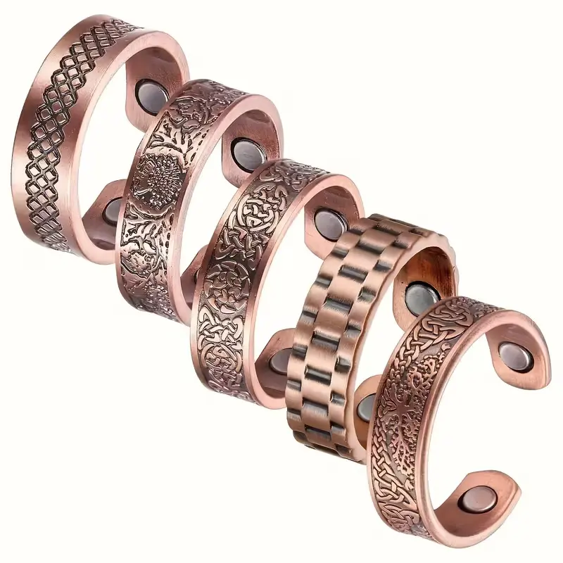 Women's & Male 5-Piece Magnetic Copper Adjustable Stackable Ring Set - Open Retro Statement Rings, Layered Jewelry, Gift-Ready for Birthday, Father's Day