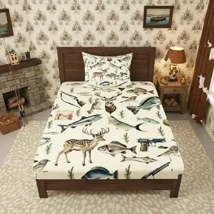 Hunting and Fishing Bedding Set,Deer Hunting Fitted Sheet for Kids Boys Girls,Big Bass Pike Fish Bed Sheets,Rustic Cabin Lake House Bed Set,Room Decor (No Flat Sheet)