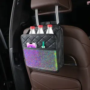 Rhinestone Bling Car Backseat Organizer, Large Capacity Car Storage Bag, Fashion PU Leather Handbag Holder for Car Seat Backrest,Sparkly Accessory for Girly Car Interiors