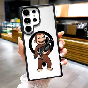 Funny Curious George Tactical Monkey Meme Clear Magnetic Phone Case, Compatible with MagSafe Silicone Bumper Protective Cover For Samsung S26 S25 S24 S23 S22 Ultra Plus FE