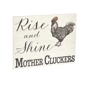 JennyGems Rise and Shine Mother Cluckers Wooden Sign - Funny Farmhouse Chicken Decor, Rustic Chicken Gift for Kitchen, Made in USA, 7.25 x 6 Inches, Hanging Hook Included