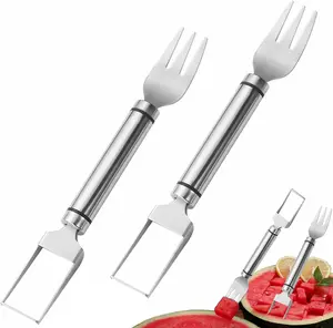 2-in-1 Watermelon Fork Slicer Cutter - 2Pcs Stainless Steel Watermelon Slicer Tool, Portable Fruit Cutter for Camping, Picnics & Home Use