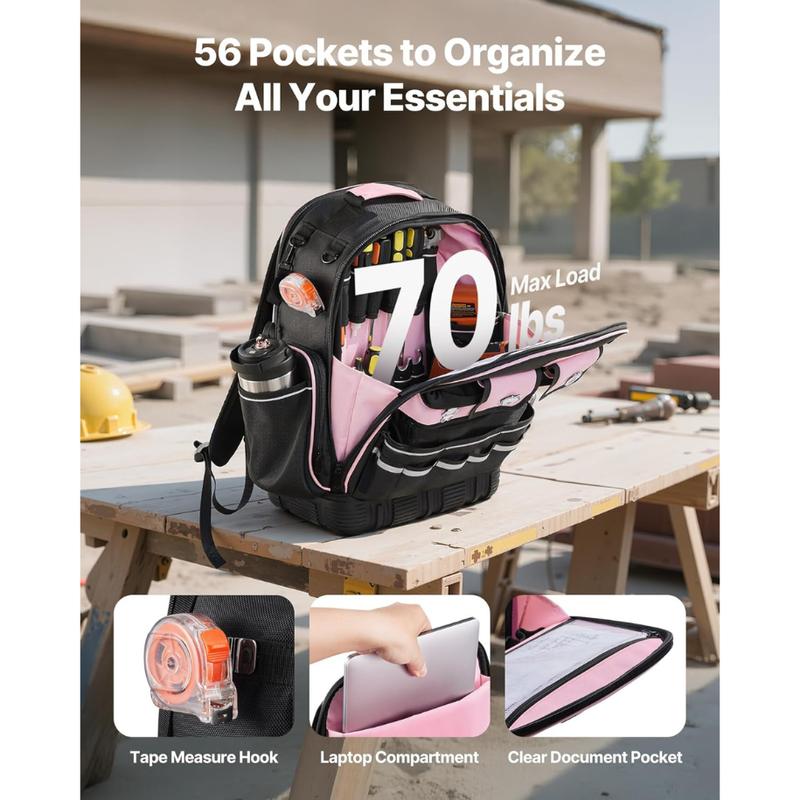 Tool Backpack, 56 Pockets, Heavy-duty Tools Storage Organizer Work Bags Backpack with Laptop Compartment & Molded Base, Electrician Jobsite Backpack for Electrician, Repairman, and HVAC Techs