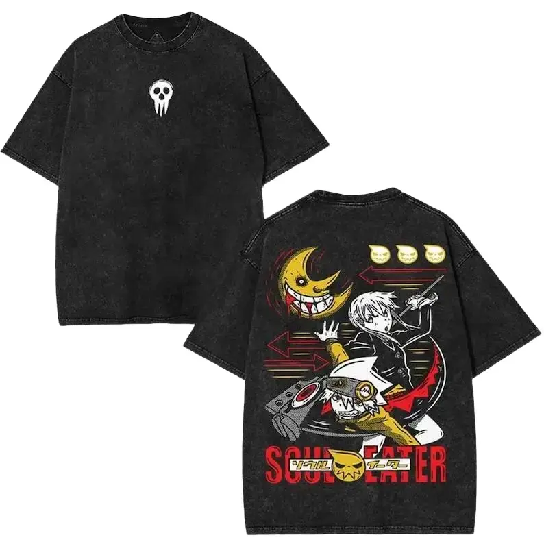 Soul Eater T-Shirt, Vintage Washed Oversized Breathable Cotton Tee with Double Sided Maka & Soul Graphic, Short Sleeve Streetwear for Shonen Fans, Apparel, Shortsleeve, Fabric, Seamless Clothes Menswear