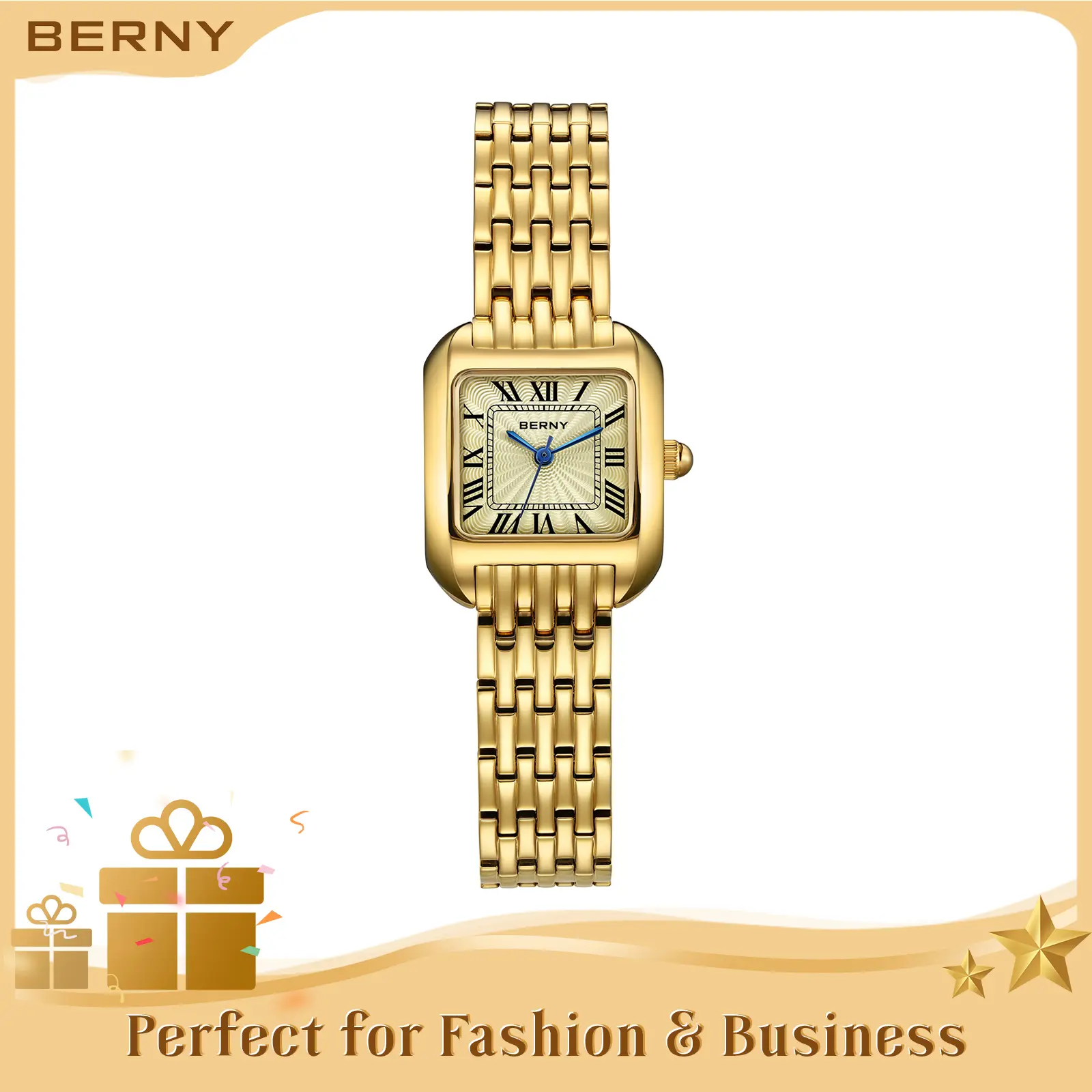 BERNY Gold Watch for Women - High Quality Elegant Vintage Square Quartz Wristwatch, Waterproof, Easily Resizable Bracelet, Roman Numeral Dial, Luxury Classy Jewelry Watches for Business Ladies, Trending Gift for All Occasions, Fashion Summer Accessories