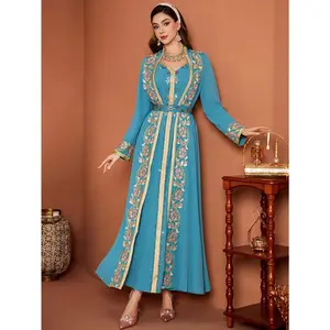 Women's Hand-Sewn Crystal-Embellished Arabic/ Clothing Dress with Belt - Long Sleeve A-Line Formal Gown for Weddings, Galas & Middle Eastern Events, -Length Non-Stretch Elegant Party Dress