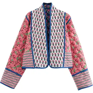 Women's Quilted Jacket Lightweight Floral Print Cropped Puffer Coat Short Padded Open Front Winter Outwear