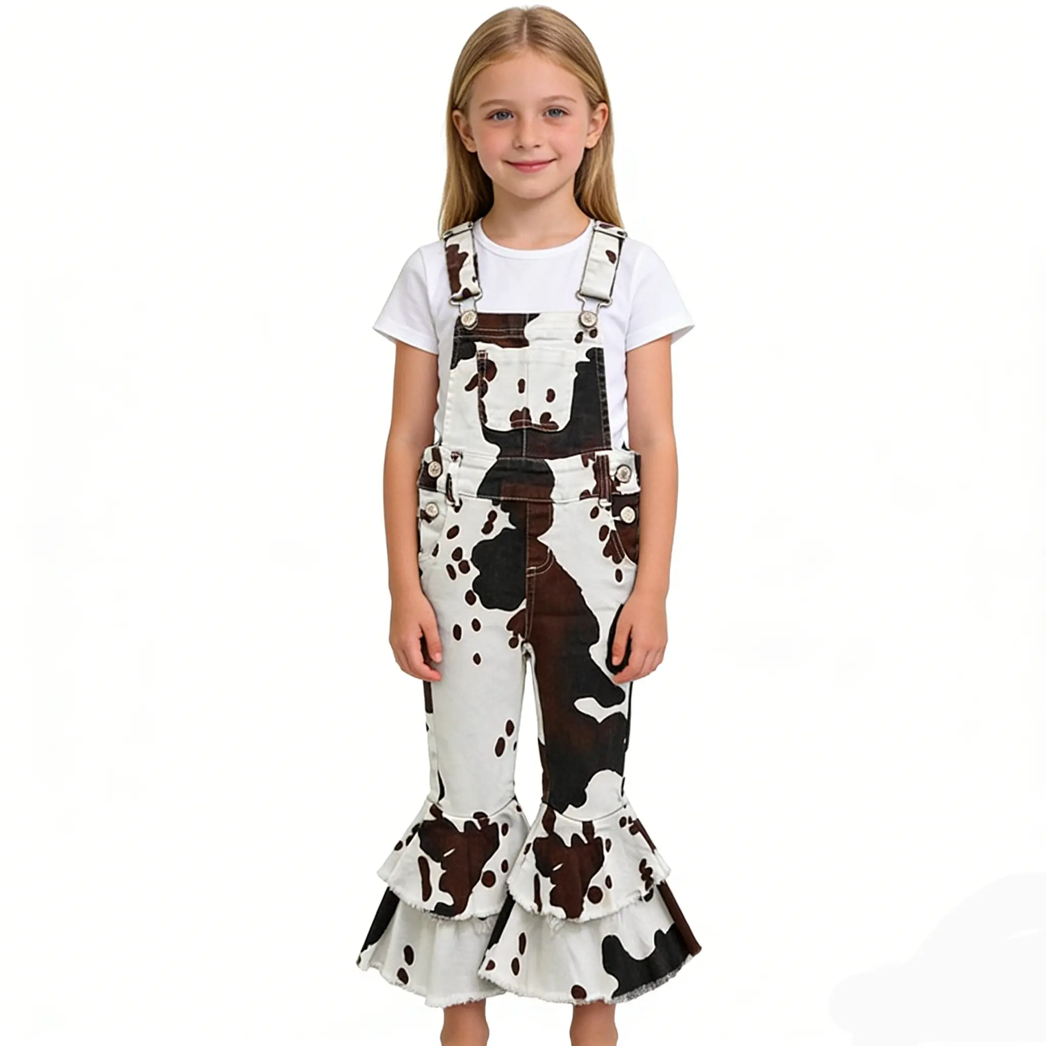 Baby Girls Toddler Jumpsuits Western Brown White Cowhide Denim Double Ruffles Bell Bottom Straps Jeans Suspender Overalls