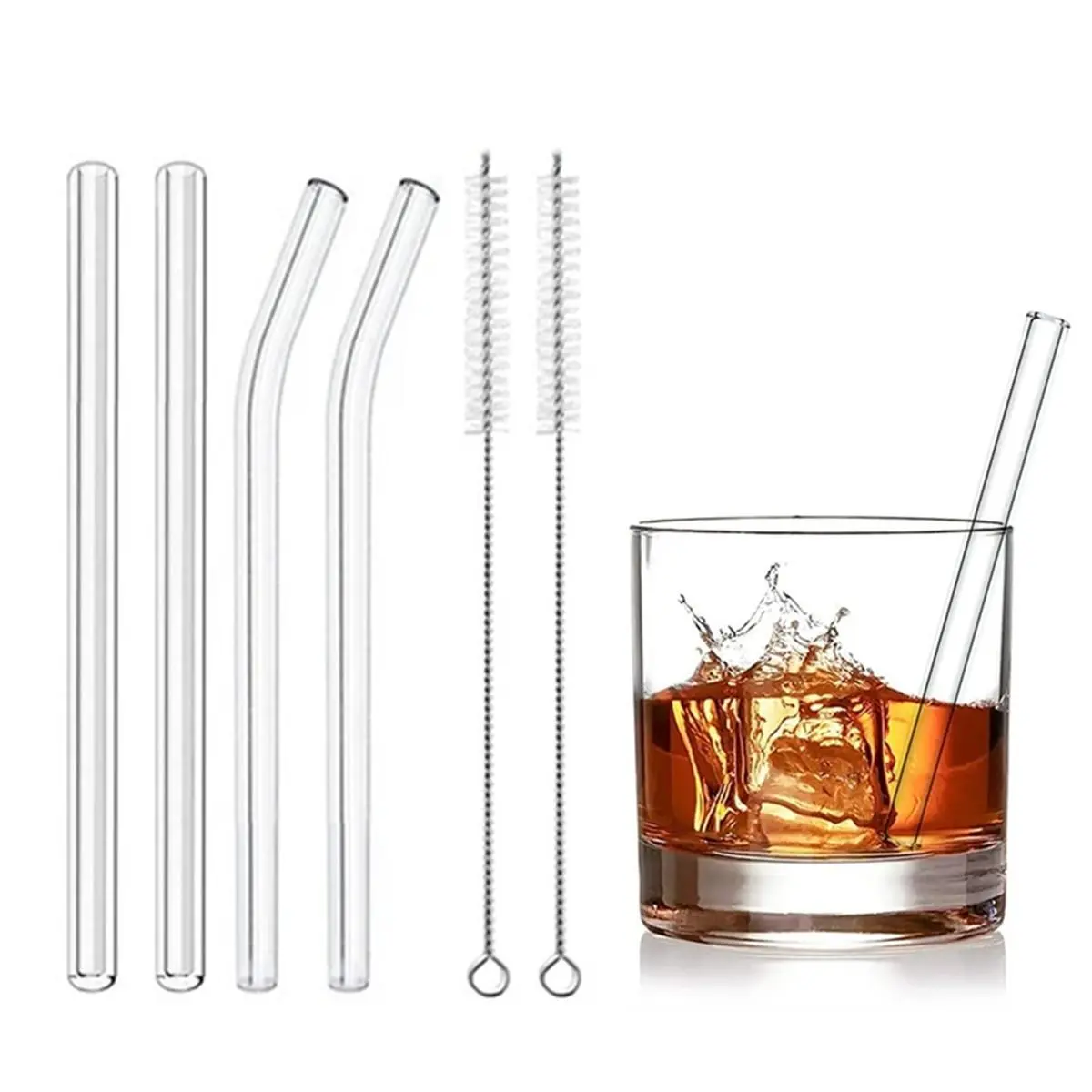 Glass Straws Set, 6 Counts/set Including 4 Counts Straws & 2 Counts Cleaning Brushes, Reusable Straws for Home Kitchen Party, Glass Straw Drinkware, Drinking Straw, Straw Combo