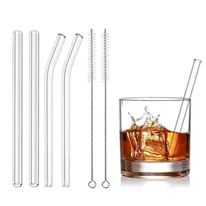 Glass Straws Set, 6 Counts/set Including 4 Counts Straws & 2 Counts Cleaning Brushes, Reusable Straws for Home Kitchen Party, Glass Straw Drinkware
