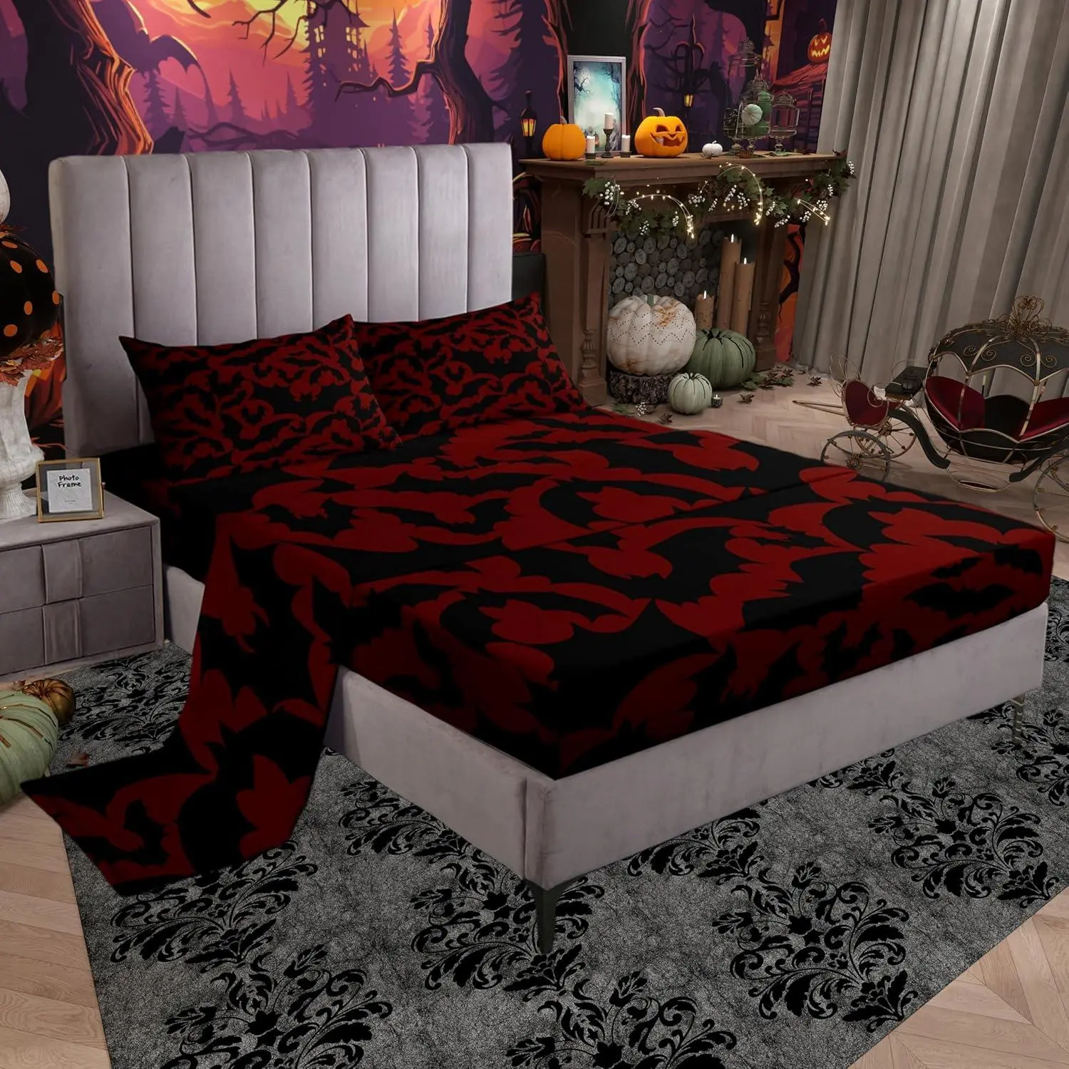 Feelyou Gothic Bedding Set,Happy Halloween Black Bat Animal Silhouette Sheet Set,Gothic-Style Red Room Decor for Teens