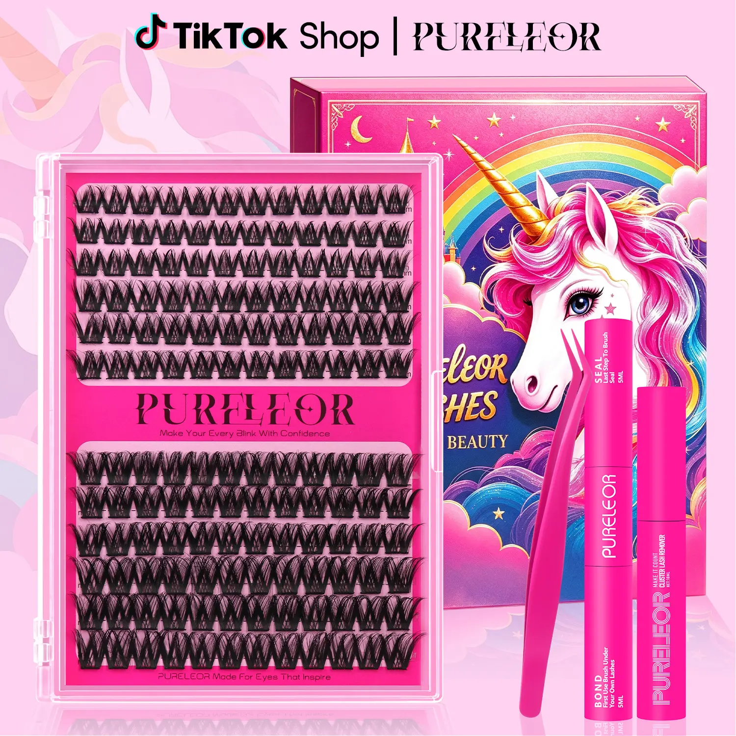 PURELEOR Natural Fluffy- Cluster Lashes Kit C-Curl Wispy Volume Individual Eyelashes Extensions 10-12-14-16mm Mixed Length Light Hybrid Look DIY at Home Easily