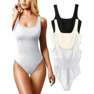 Women's 3pc Ribbed Square Neck Shapewear Bodysuit Tank Top Sleeveless One Pc Bodysuits Tummy Control Comfort Nightwear Everyday Gym Nylon Spandex Womenswear Sexy Slimming Ladies Everyday Spring Summer Outfit