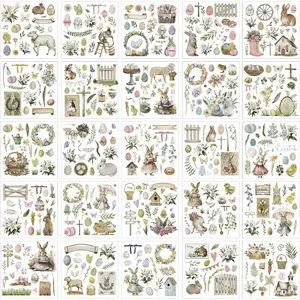 25 Sheets Easter Rub on Transfers Stickers for Crafts and Furniture Decor Easter Bunny Egg Transfers Vintage Spring Easter Decals for Fabric Home DIY, 5.9 x 5.9