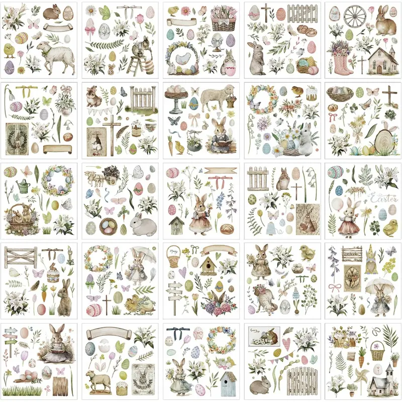 25 Sheets Easter Rub on Transfers Stickers for Crafts and Furniture Decor Easter Bunny Egg Transfers Vintage Spring Easter Decals for Fabric Home DIY, 5.9 x 5.9