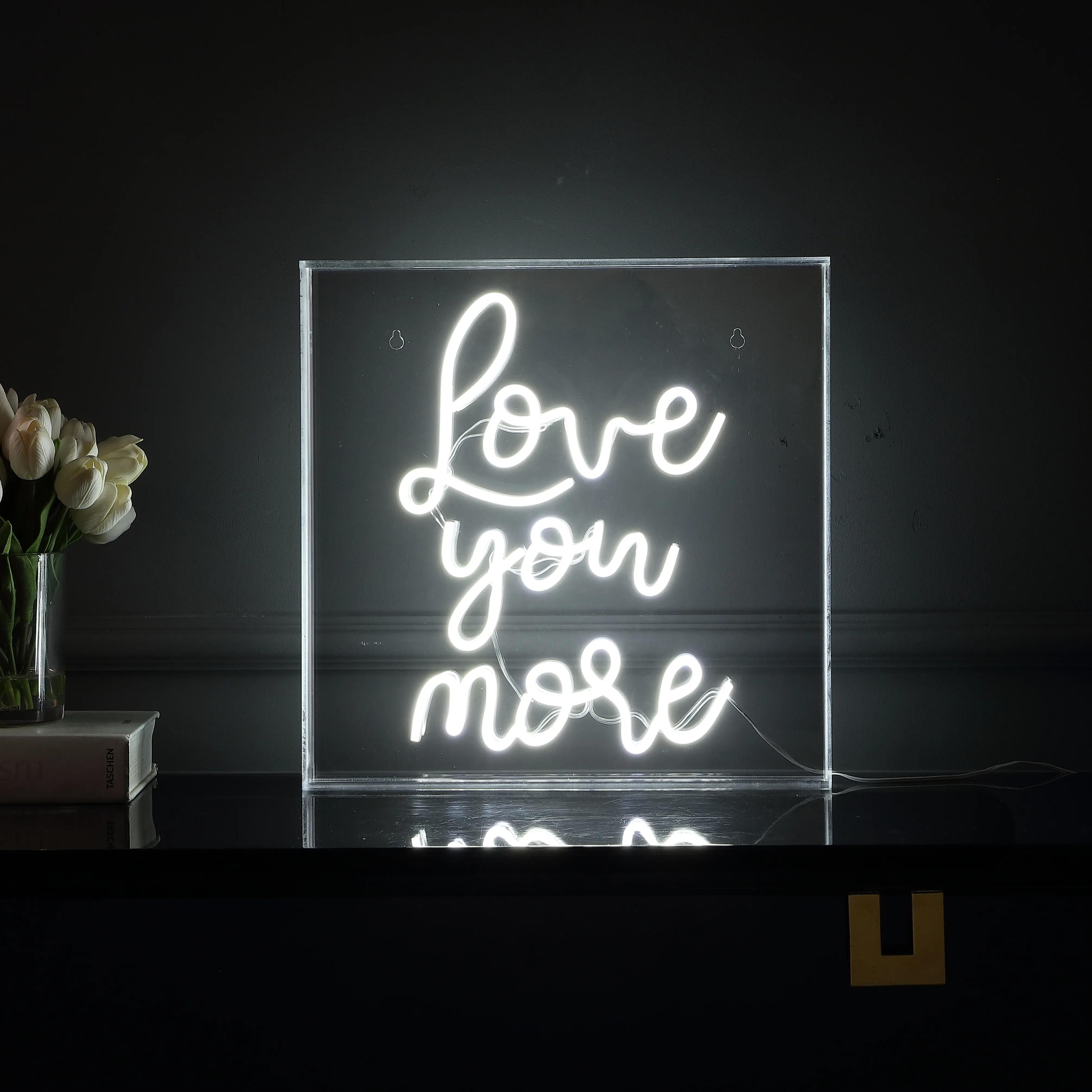 JONATHAN Y Love You More Square Contemporary Glam Acrylic Box LED Neon Sign - USB-Operated, 15" Width, Plastic Body, Nail Slot Hang, Self-Standing Home Decor Light for Dorm, Living Room, Neon LED Lights