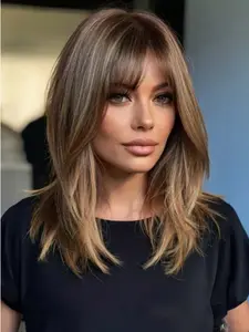 16 Inch Straight Wig with Bangs for Women, Natural Daily Fiber Hairpiece, Suitable for Everyday Wear, Stylish and Comfortable